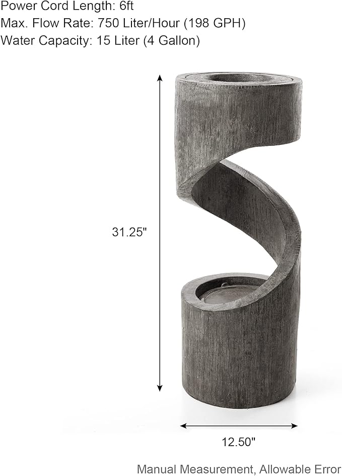 Glitzhome Tiered Outdoor Water Fountain with LED Light, Curved Outdoor Fountain Waterfall with Stone Planter, Freestanding Spiral Outdoor Garden Water Fountains,