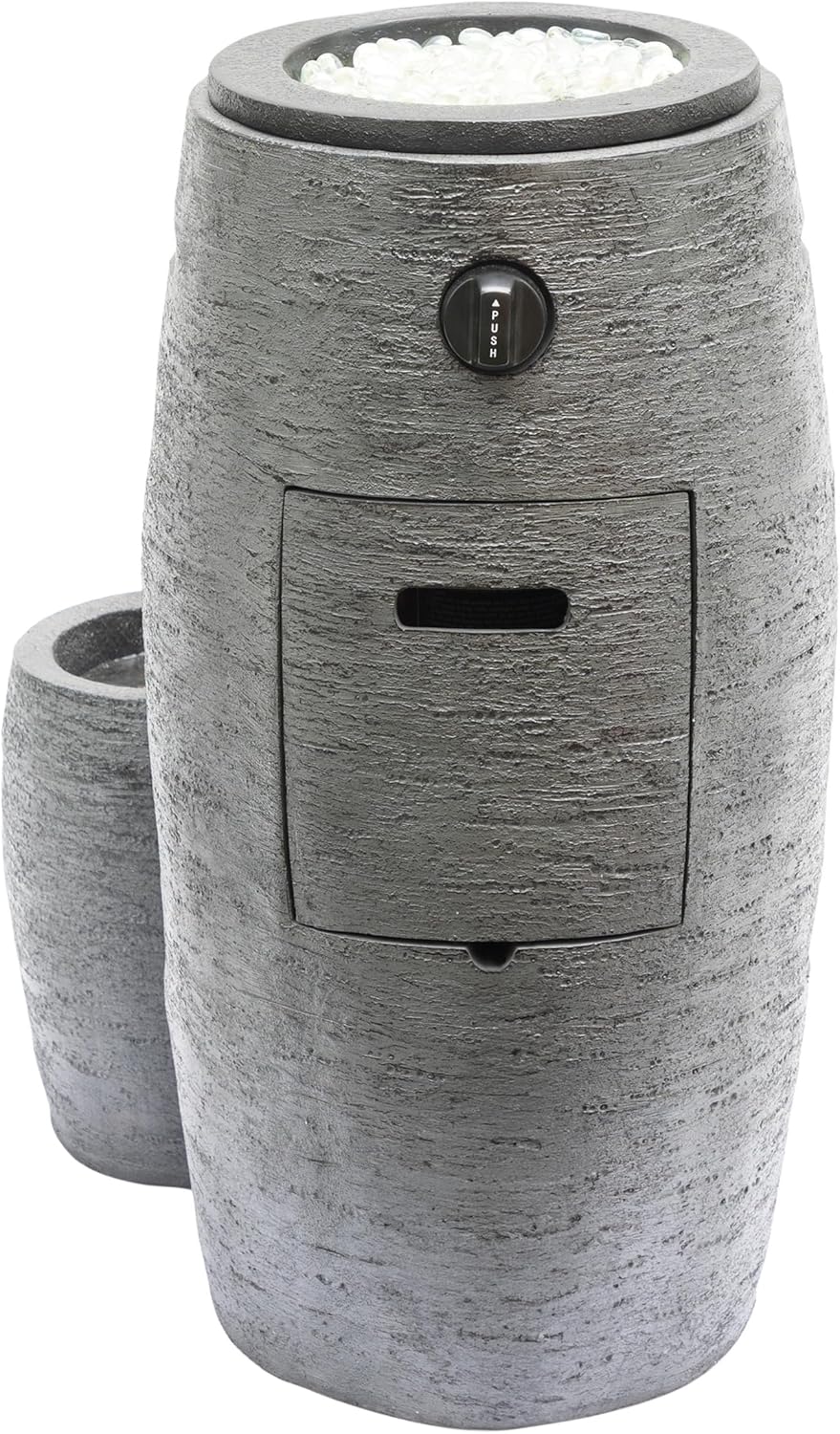 The Alpine Corporation WTO120 is a 27-inch tall outdoor fountain in gray, featuring a three-tiered cascading design that blends fire and water elements, equipped with adjustable flames and LED lighting.