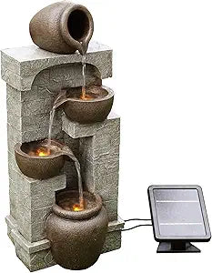 Teamson Home 28 in. Cascading Bowls and Stacked Stones LED Outdoor Water Fountain for Outdoor Living Spaces to Create a Calming Oasis in Gardens and Landscaping, on Patios, Balconies, Lawns, Brown
