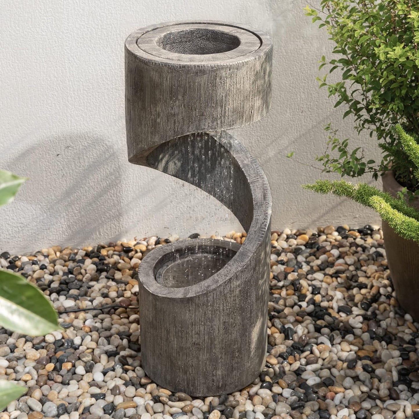 Glitzhome Tiered Outdoor Water Fountain with LED Light, Curved Outdoor Fountain Waterfall with Stone Planter, Freestanding Spiral Outdoor Garden Water Fountains,