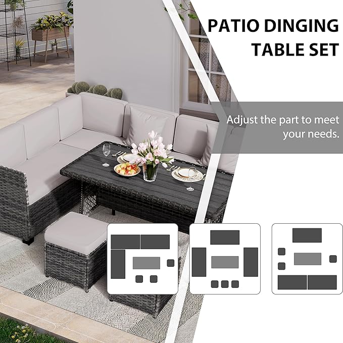 KIGOTY Patio Furniture Set,7 Pieces Outdoor Patio Furniture with Dining Table, Patio Table and Chairs Set, Wicker Patio Conversation Sofa Set with Ottoman (Grey-Light Grey, 7 PCS-B)