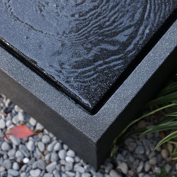 H Outdoor Water Fountain Made with Eco-Friendly Recyclable Materials, Polyethylene Square Bubbler Outdoor Fountain, Garden Decor with LED Light for Patio, Porch, Backyard