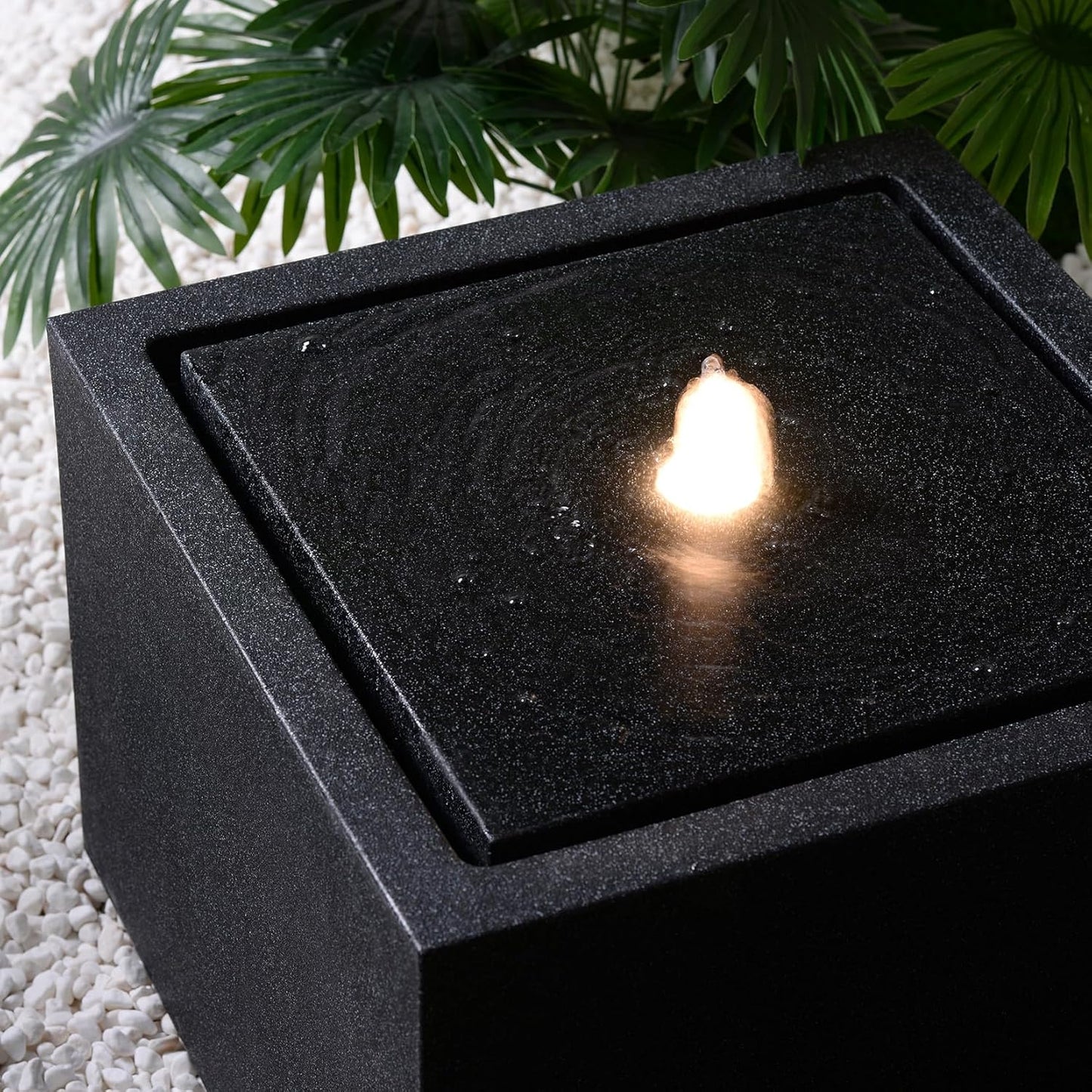 H Outdoor Water Fountain Made with Eco-Friendly Recyclable Materials, Polyethylene Square Bubbler Outdoor Fountain, Garden Decor with LED Light for Patio, Porch, Backyard