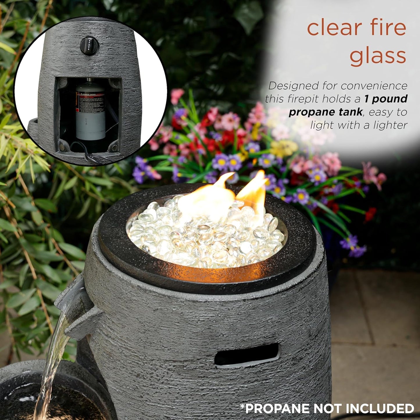 The Alpine Corporation WTO120 is a 27-inch tall outdoor fountain in gray, featuring a three-tiered cascading design that blends fire and water elements, equipped with adjustable flames and LED lighting.