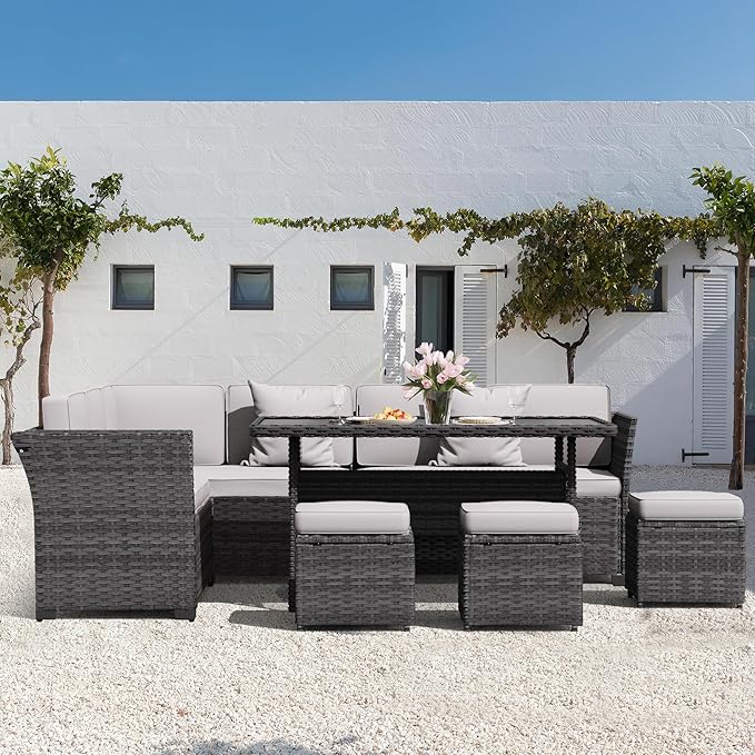 KIGOTY Patio Furniture Set,7 Pieces Outdoor Patio Furniture with Dining Table, Patio Table and Chairs Set, Wicker Patio Conversation Sofa Set with Ottoman (Grey-Light Grey, 7 PCS-B)