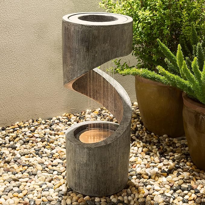 Glitzhome Tiered Outdoor Water Fountain with LED Light, Curved Outdoor Fountain Waterfall with Stone Planter, Freestanding Spiral Outdoor Garden Water Fountains,