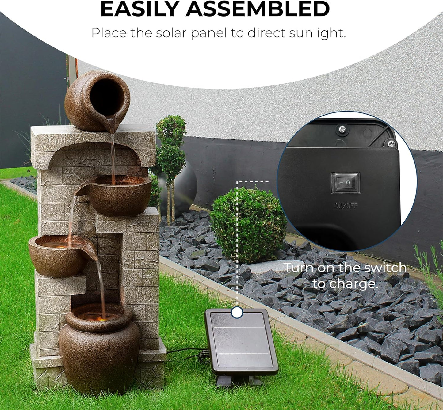 Teamson Home 28 in. Cascading Bowls and Stacked Stones LED Outdoor Water Fountain for Outdoor Living Spaces to Create a Calming Oasis in Gardens and Landscaping, on Patios, Balconies, Lawns, Brown