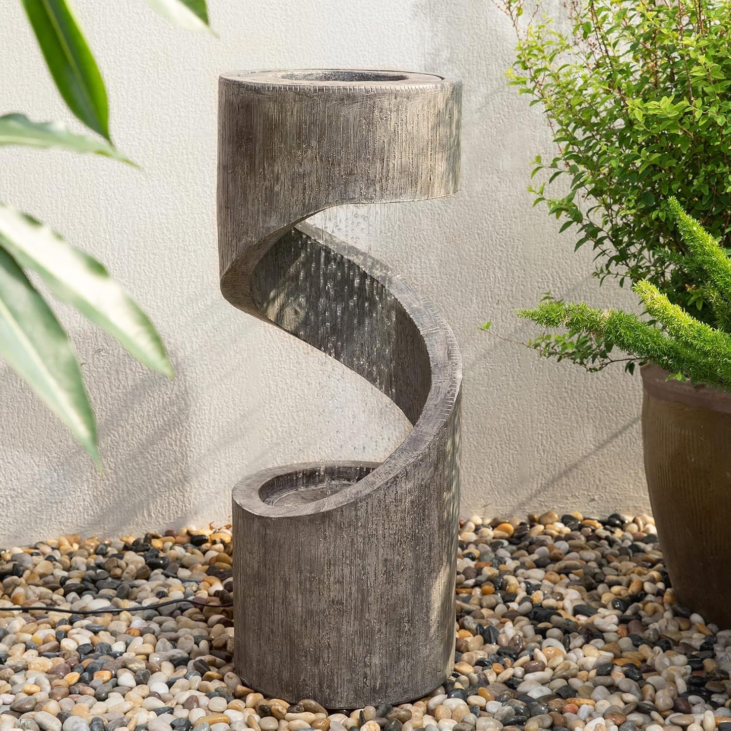 Glitzhome Tiered Outdoor Water Fountain with LED Light, Curved Outdoor Fountain Waterfall with Stone Planter, Freestanding Spiral Outdoor Garden Water Fountains,