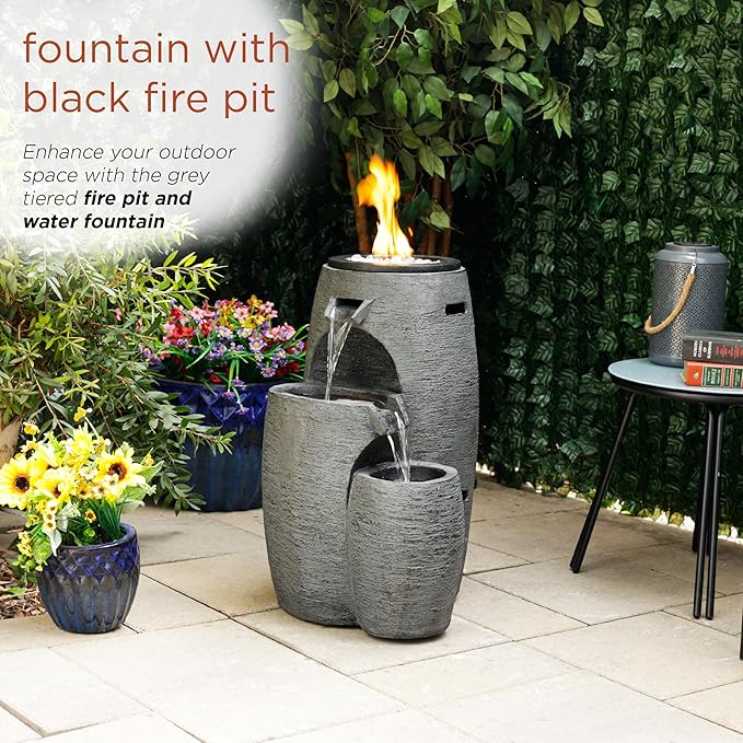 The Alpine Corporation WTO120 is a 27-inch tall outdoor fountain in gray, featuring a three-tiered cascading design that blends fire and water elements, equipped with adjustable flames and LED lighting.