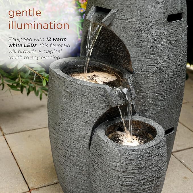The Alpine Corporation WTO120 is a 27-inch tall outdoor fountain in gray, featuring a three-tiered cascading design that blends fire and water elements, equipped with adjustable flames and LED lighting.