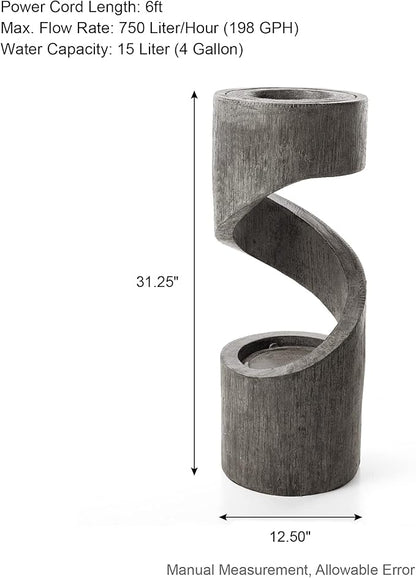 Glitzhome Tiered Outdoor Water Fountain with LED Light, Curved Outdoor Fountain Waterfall with Stone Planter, Freestanding Spiral Outdoor Garden Water Fountains,