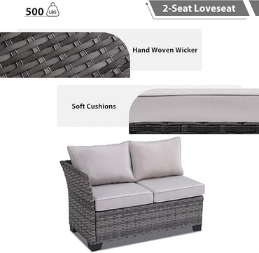 KIGOTY Patio Furniture Set，7 Pieces Outdoor Patio Furniture with Dining Table, Patio Table and Chairs Set, Wicker Patio Conversation Sofa Set with Ottoman (Grey-Light Grey, 7 PCS-B)