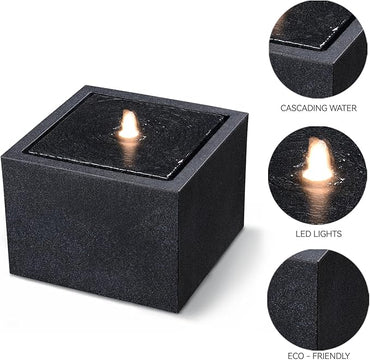 H Outdoor Water Fountain Made with Eco-Friendly Recyclable Materials, Polyethylene Square Bubbler Outdoor Fountain, Garden Decor with LED Light for Patio, Porch, Backyard