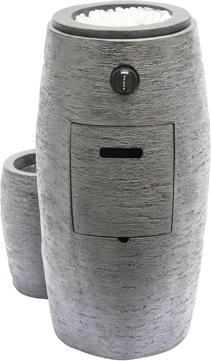 The Alpine Corporation WTO120 is a 27-inch tall outdoor fountain in gray, featuring a three-tiered cascading design that blends fire and water elements, equipped with adjustable flames and LED lighting.
