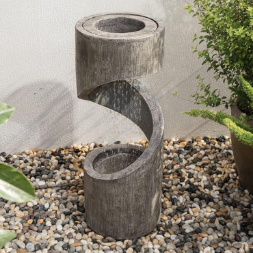 Glitzhome Tiered Outdoor Water Fountain with LED Light, Curved Outdoor Fountain Waterfall with Stone Planter, Freestanding Spiral Outdoor Garden Water Fountains,