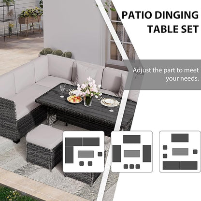KIGOTY Patio Furniture Set，7 Pieces Outdoor Patio Furniture with Dining Table, Patio Table and Chairs Set, Wicker Patio Conversation Sofa Set with Ottoman (Grey-Light Grey, 7 PCS-B)