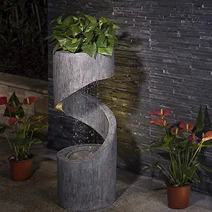 Glitzhome Tiered Outdoor Water Fountain with LED Light, Curved Outdoor Fountain Waterfall with Stone Planter, Freestanding Spiral Outdoor Garden Water Fountains,