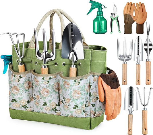 Gardening Tools 9-Piece Heavy Duty Gardening Hand Tools with Fashion and Durable Garden Tools Organizer Handbag,Rust-Proof Garden Tool Set, Ideal Gardening Gifts