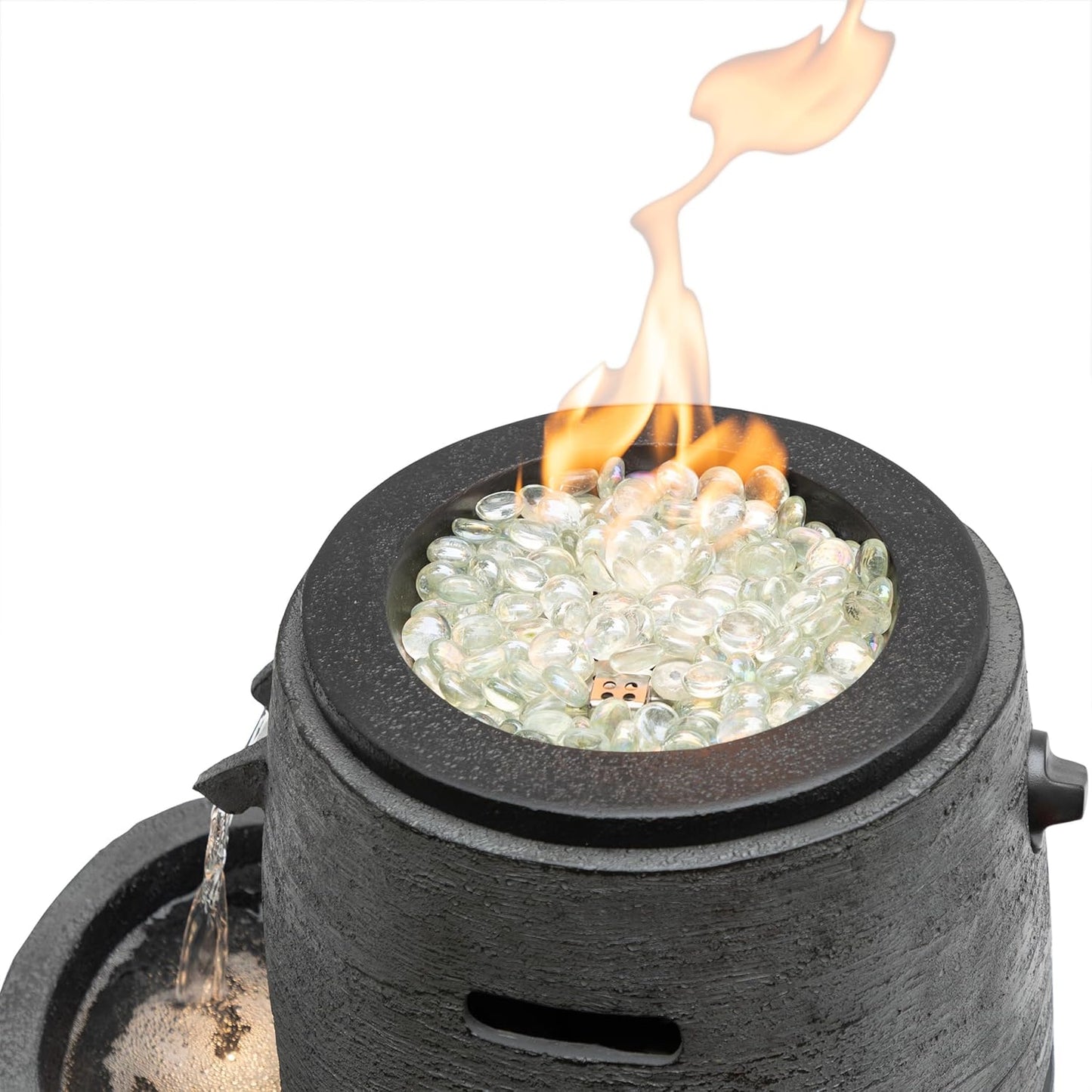 The Alpine Corporation WTO120 is a 27-inch tall outdoor fountain in gray, featuring a three-tiered cascading design that blends fire and water elements, equipped with adjustable flames and LED lighting.