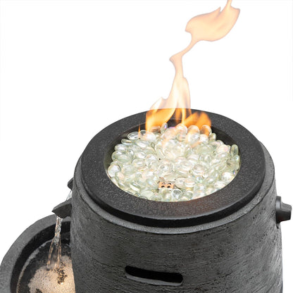The Alpine Corporation WTO120 is a 27-inch tall outdoor fountain in gray, featuring a three-tiered cascading design that blends fire and water elements, equipped with adjustable flames and LED lighting.