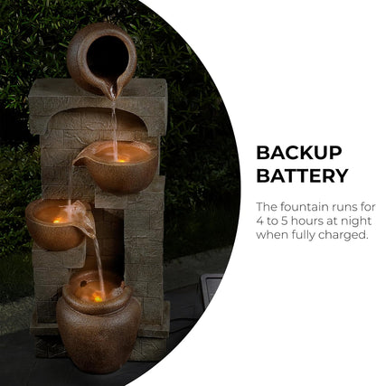 Teamson Home 28 in. Cascading Bowls and Stacked Stones LED Outdoor Water Fountain for Outdoor Living Spaces to Create a Calming Oasis in Gardens and Landscaping, on Patios, Balconies, Lawns, Brown