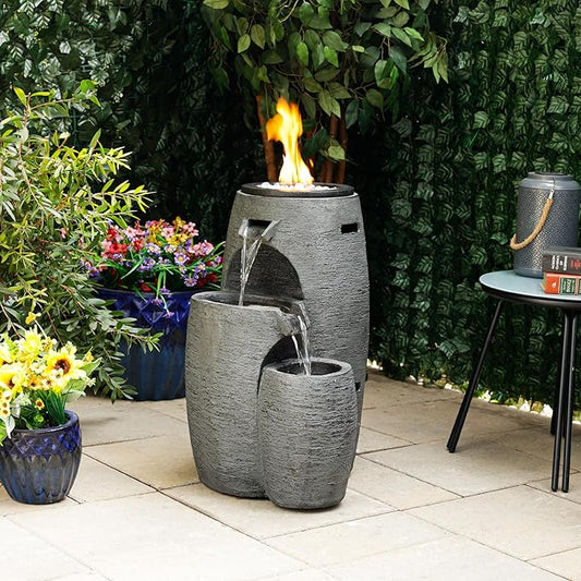 The Alpine Corporation WTO120 is a 27-inch tall outdoor fountain in gray, featuring a three-tiered cascading design that blends fire and water elements, equipped with adjustable flames and LED lighting.