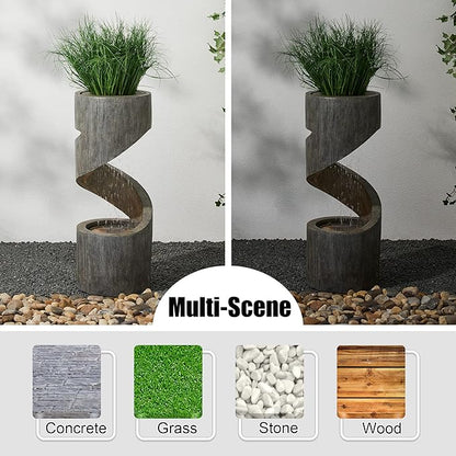 Glitzhome Tiered Outdoor Water Fountain with LED Light, Curved Outdoor Fountain Waterfall with Stone Planter, Freestanding Spiral Outdoor Garden Water Fountains,
