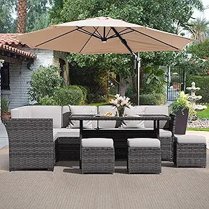 KIGOTY Patio Furniture Set，7 Pieces Outdoor Patio Furniture with Dining Table, Patio Table and Chairs Set, Wicker Patio Conversation Sofa Set with Ottoman (Grey-Light Grey, 7 PCS-B)