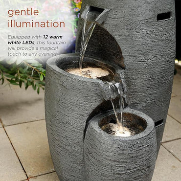 The Alpine Corporation WTO120 is a 27-inch tall outdoor fountain in gray, featuring a three-tiered cascading design that blends fire and water elements, equipped with adjustable flames and LED lighting.